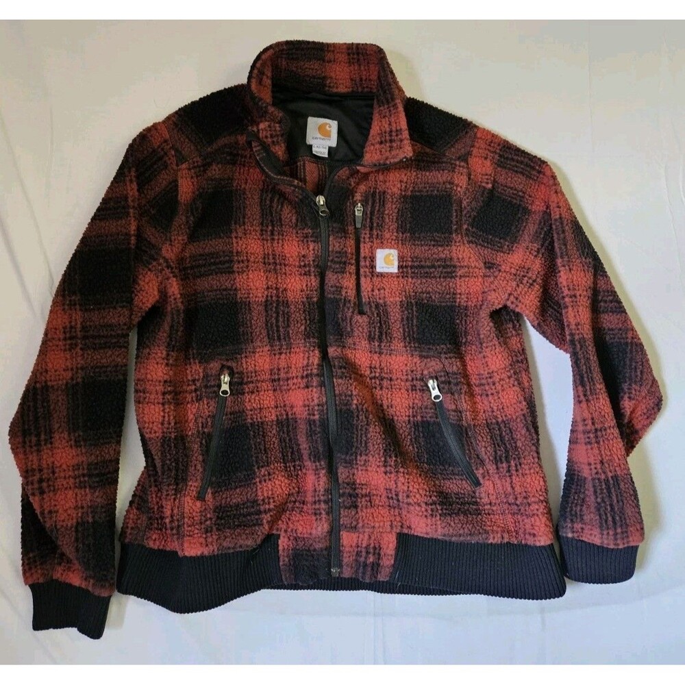 Carhartt Jacket Women"s Large 12/14 Red Black Plaid Sherpa Fleece Zip 103913-R20